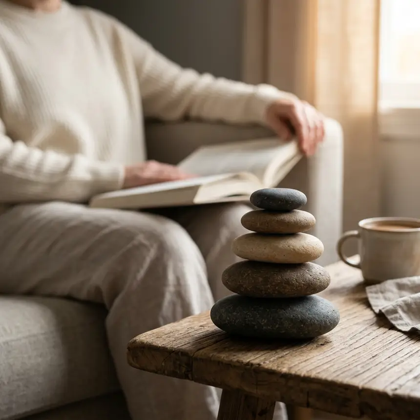 balanced stone stack with transitioning light